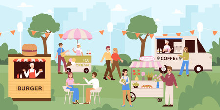Street food festival, people crowd walking in fair in park. Outdoor summer event, person eating burger and ice cream, drink coffee, snugly vector scene of festival food street in park illustrationのイラスト素材