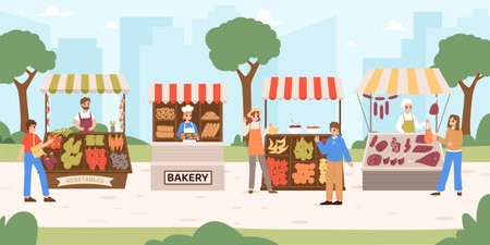 Fresh food city market. Local farm products on stall, sellers and byers. Farmers sell vegetables, fruits and meat. Cartoon bazaar snugly vector scene of shop local illustration, store farmのイラスト素材