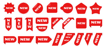 New arrival labels collection, red banners for resale or reload collection. Fashion store, grocery or techno sale tags. Info for customer, vector web banners, collection new to promotion illustrationのイラスト素材