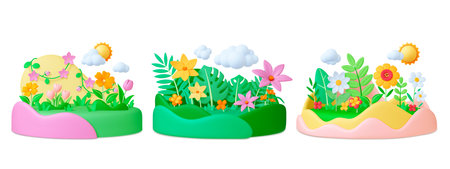 Flower 3d on podium. Flowers bouquets or meadow render composition. Landscape realistic plasticine elements, floral and leaves pithy vector set of bouquet floral podium illustrationのイラスト素材