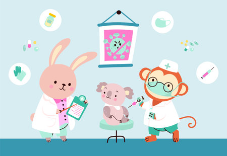 Medical vaccination scene in hospital. Cute koala patient and doctors monkey and bunny. Immunization, childish pediatrician nowaday vector characters in medical hospital illustrationのイラスト素材