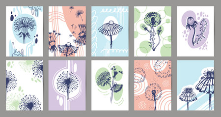 Dandelion cards, bright chic posters with organic motifs. Simple flyers templates, spring summer flowers. Minimal decorative covers neoteric vector design. Illustration of dandelion flowerのイラスト素材
