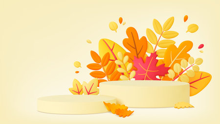 Autumn leaves 3d empty podium background. Fall welcome, decorative trendy banner for sale, thanksgiving day or harvest, pithy vector template of empty podium for product illustrationのイラスト素材