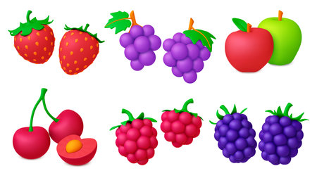 Berries fruits isolated 3d icons. Cherry and strawberry, raspberry and grapes. Realistic berry, decorative juicy food. Vegan pithy vector elements of cherry and fruits icon isolated illustrationのイラスト素材