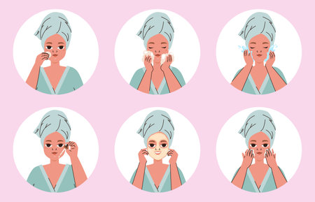 Face clean routine, beauty morning evening procedures with cosmetics products. Cleaning skin instruction, young woman skincare snugly vector scene of clean beauty routine for face care illustrationのイラスト素材