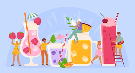 Summer drink party concept. Funny drinks, preparing cocktails with fruits and berries. Rafting lemonade, tiny cartoon young characters, snugly vector scene of summer party tropical illustrationのイラスト素材