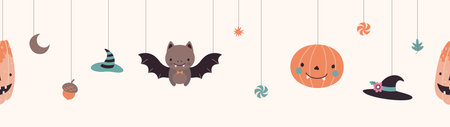 Autumn halloween seamless pattern with cute cartoon bat, pumpkin and witch hats. Decorative spooky design, vector creepy funny banner template of halloween pattern autumn illustrationのイラスト素材