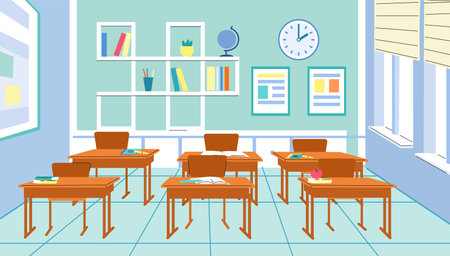 Classroom interior in school. High or elementary class, room in kindergarten or college with desk, books and notebooks. Vector education concept of classroom to elementary illustrationのイラスト素材