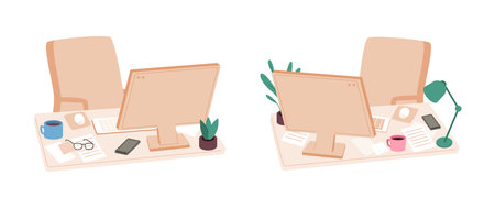 Corporate worker places variation. Table chair and monitor, freelancer or writer workplace. Home office interior, vector furniture and technics of business worker office employee illustrationのイラスト素材