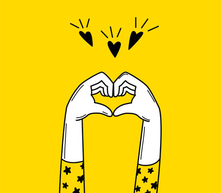Doodle hands show heart sign. Love romantic poster, sketch abstract hand and hearts icons. Cute support or helping, charity vector print card with valentine romantic doodle sign illustrationのイラスト素材