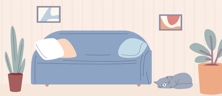 Flat simple living room, sofa plants in pots and cat. Home interior, furniture and accessories. Kitten in apartment vector illustration of furniture sofa interiorのイラスト素材