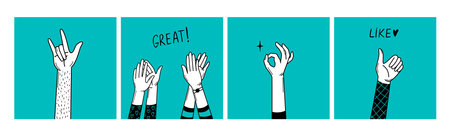 Positive support hands signs. Doodle hand clapping and applause, ok and like sign. Social media community, charity vector graphic elements of hand sign success and positive support illustrationのイラスト素材