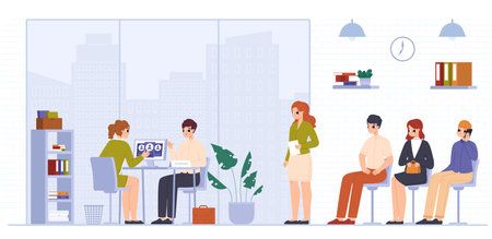 Corporate job interview, recruitment and queue of young employees. Modern office business hr manager talk with guy. Professional snugly vector of candidate hiring, corporate employment illustrationのイラスト素材