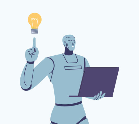 Robot with laptop has idea. Digital search metaphor, android system or future office worker. Creative robotics vector flat character robot with idea illustrationのイラスト素材