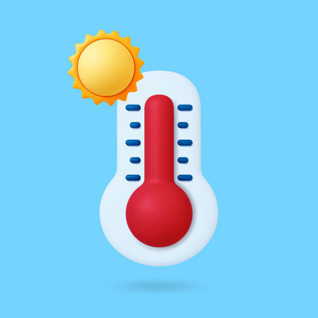 Weather thermometer with hot temperature. 3D sun, forecast graphic element. Realistic render vector heat icon for app, web design, tv show of weather hot thermometer illustrationのイラスト素材