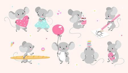 Mouse cartoon characters. Cute mice stylized, rats in different poses. Isolated childish animals creatures, funny comic rat playing nowaday vector clipart. Illustration of cartoon mouse characterのイラスト素材