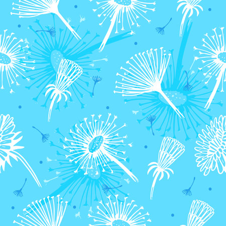 Sketch dandelion seamless pattern. Pollen on wind, dandelions blossom fabric print. Summer flowers, nature floral seeds neoteric vector background of dandelion seamless wind illustrationのイラスト素材