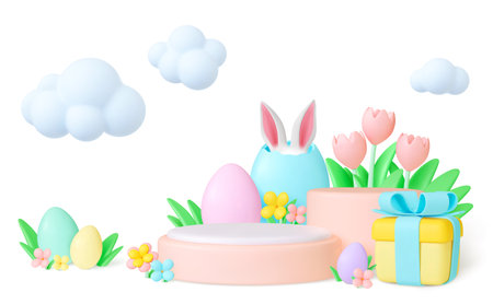 Easter 3d concept. Nature garden objects, bunnies ears in egg and gift box. Spring holiday decoration. Empty podiums and clouds, pithy vector banner of easter spring decoration illustrationのイラスト素材