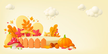 Yellow autumn 3d banner, acorns and mushrooms. Empty podiums and vibrant leaves, thanksgiving or harvest background. Minimal pithy vector template of autumn yellow banner illustrationのイラスト素材