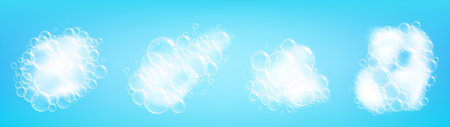 Clean white foam with transparent bubbles. Soap foams elements, shampoo or douche gel. Cleaning or washing symbols vector graphic set of transparent foam clean for soap illustrationのイラスト素材