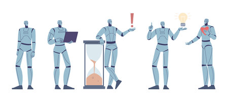 Flat isolated androids characters, robot with heart and laptop. Digital future business or office workers, new people vector set of robot character android illustrationのイラスト素材