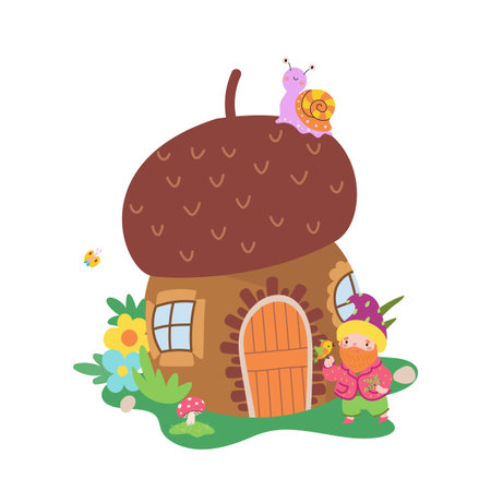 Mushroom house and dwarf, snail and bird. Cartoon magic childrens print, fantasy fairy tale forest vector composition of house mushroom dwarf illustrationのイラスト素材