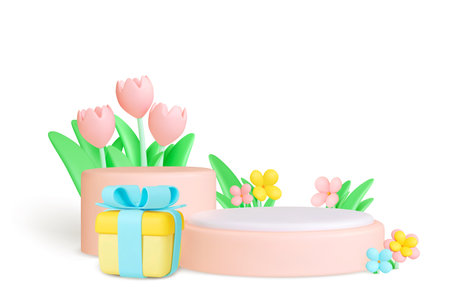 Podiums 3d empty, flowers tulips bouquet. Spring summer composition for ad or presentation, stands and plants plasticine render imitation. Isolated vector concept of podium 3d pedestal illustrationのイラスト素材