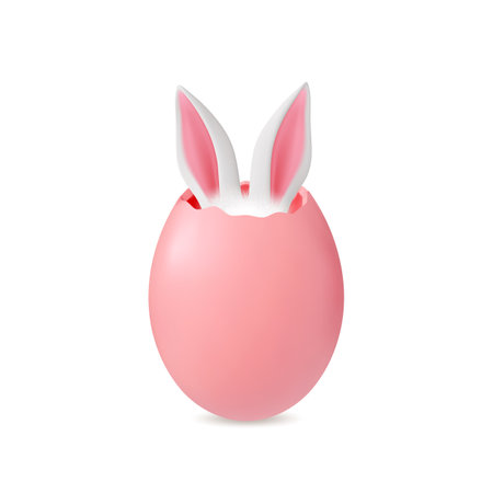 Realistic 3d easter egg with bunnies ears. Rabbit festive, isolated eggs hunting graphic elements. Cracked shell, render vector design of egg easter with rabbit or bunny illustrationのイラスト素材