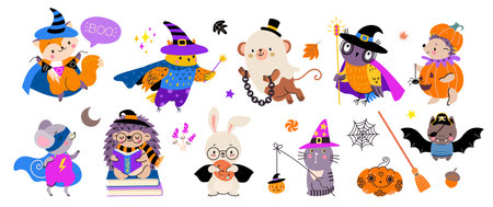 Halloween animals wear costumes. Pets holiday, adorable magic wild characters. Fantasy baby animal, wizard cute creatures nowaday vector clipart. Illustration of halloween costume, pet in hatのイラスト素材