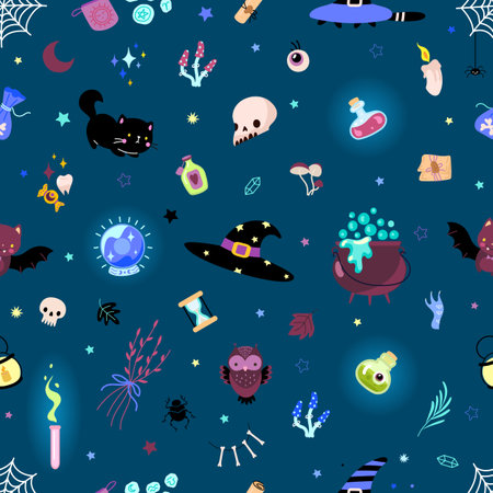 Witch magic seamless pattern. Magical elements, cartoon bottle poison, crystal ball and hat. Halloween black cat and bat, nowaday vector print. Illustration of witch magic pattern backgroundのイラスト素材