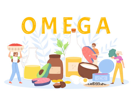Omega food ingredients, salmon steak and oil. People and vitamin raw and meals for brain and memory. Healthy organic diet snugly vector scene of food with omega salmon illustrationのイラスト素材