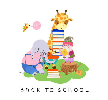 Back to school characters. Gnome teacher reading book to giraffe and elephant. Animal students, read book day. Autumn vector children education scene of gnome schoo and elephant illustrationのイラスト素材