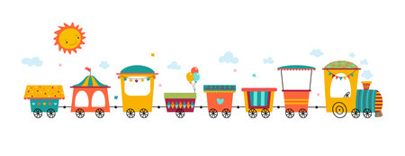 Children cartoon train, amusement park transport with sun and clouds. Kids attraction, empty trailers with flags bunting, isolated vector graphic of cartoon train in park entertainment illustrationのイラスト素材