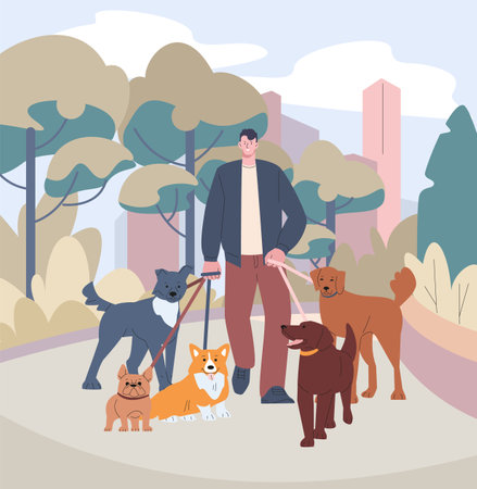 Dog sitter, volunteer walking with dogs on nature. Walker pets in city park, work or social service man. Pet care, outdoor time kicky vector modern concept. Illustration of puppy walk on natureのイラスト素材