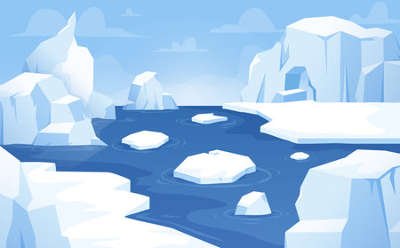 Cartoon arctic background, floating icebergs antarctica landscape. Beautiful sea or ocean, glaciers and ice mountains. North snugly vector scene with glacier background illustrationのイラスト素材