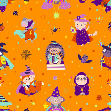 Halloween seamless pattern with animals in costumes. Autumn party fabric print, magiz animal and wizard. Fairy tale nowaday vector background cute halloween holiday illustrationのイラスト素材