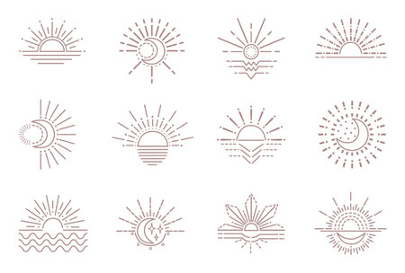 Line boho moon and sun icons. Outline gypsies sunburst design, bohemian symbols. Sunset, yoga logo or tattoo template neoteric vector elements. Illustration of magic line bohemianのイラスト素材