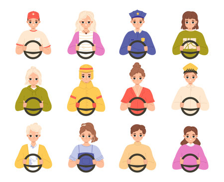 Young driver characters. Various people drive car, taxi and police. Drivers avatars, cartoon woman man ride auto. Isolated snugly vector transport set of driver car illustrationのイラスト素材