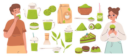 Oriental matcha tea, macarons and cakes from green powder. Teens drinking and eating desserts. Cartoon organic japanese food, vector clipart. Illustration of japanese oriental, green natural matchaのイラスト素材
