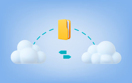 Download and cloud office 3d service concept. File sharing, yellow folder and white clouds. Digital modern technologies, vector data server scene. Illustration of backup data office serviceのイラスト素材