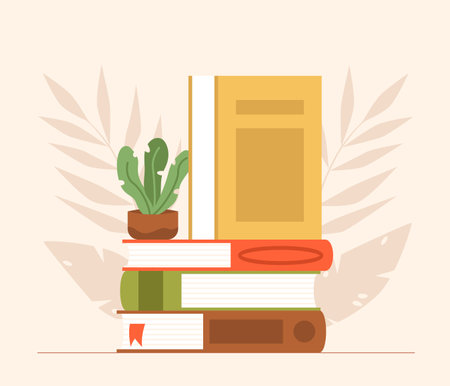 Library, school and education concept. Books pile and plant in pot. Self study, learning and teaching, reading book vector graphic art. Illustration of education literatureのイラスト素材