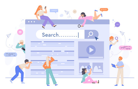 Web search concept, people searching jobs or goods. Surfing websites, looking information and answers. Teens using internet snugly vector set of business search and researchのイラスト素材