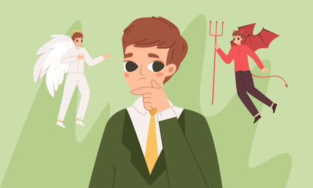 Shoulder devil and angel. Kind and evil human advisor, student, teens or businessman thinking and choose. Difficult choice, snugly vector characters man with devil and angel illustrationのイラスト素材