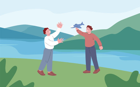 Boys play outdoor, on nature or park with lake. Gaming with airplane toy, little dreamer or future pilot. Cartoon children walking vector scene of park with boy playing illustrationのイラスト素材