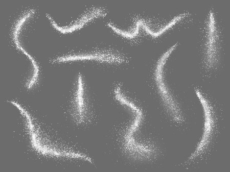 Scatters salt or sugar, white realistic crystals mineral. Sieved flour dust, snow granules. Chalk or baking soda, sprinkled powder pithy vector elements of powder scatter flour illustrationのイラスト素材