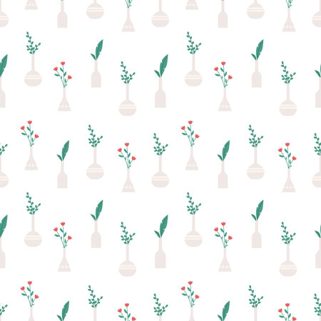 Flowers in vases seamless pattern. Floral elements, bouquets with flower and green branches. Decorative fabric fashion print, vector decor texture of floral background and trendy pattern illustrationのイラスト素材