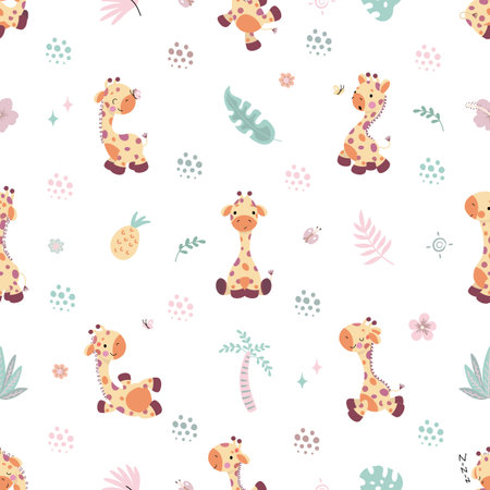 Giraffes seamless pattern, nursery adorable fabric print. Children giraffe characters, baby animals background. Jungle nowaday vector texture design of adorable cartoon giraffe baby illustrationのイラスト素材