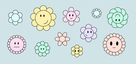 Abstract flowers faces, decorative chamomile or daisy characters. Retro pastel colors flower characters, flat stickers templates vector set of chamomile flower, cute bloom doodle illustrationのイラスト素材
