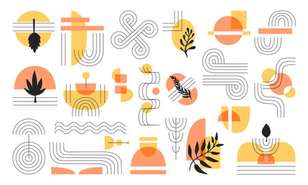 Aesthetic stripe line art. Scandinavian minimalist shapes and balance modern graphic. Mid century geometry design, waves and arch, neoteric vector of scandinavian abstract shapes design illustrationのイラスト素材