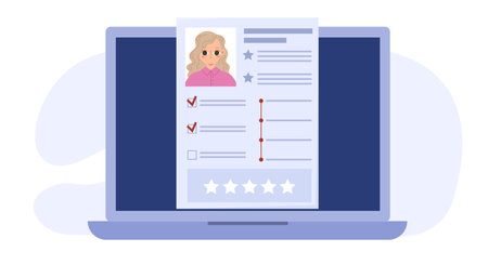 Online resume, digital job search or recruitment agency. Girl choose work, professional cv for hr manager. Application on laptop screen vector element of resume employee to get job illustrationのイラスト素材